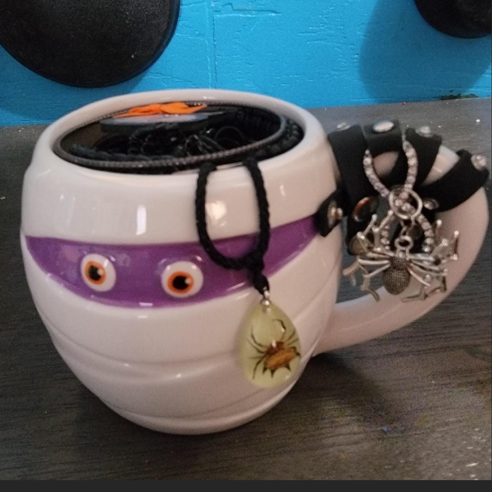 White Ceramic Mummy Mug with Purple Accent and Spider Charm